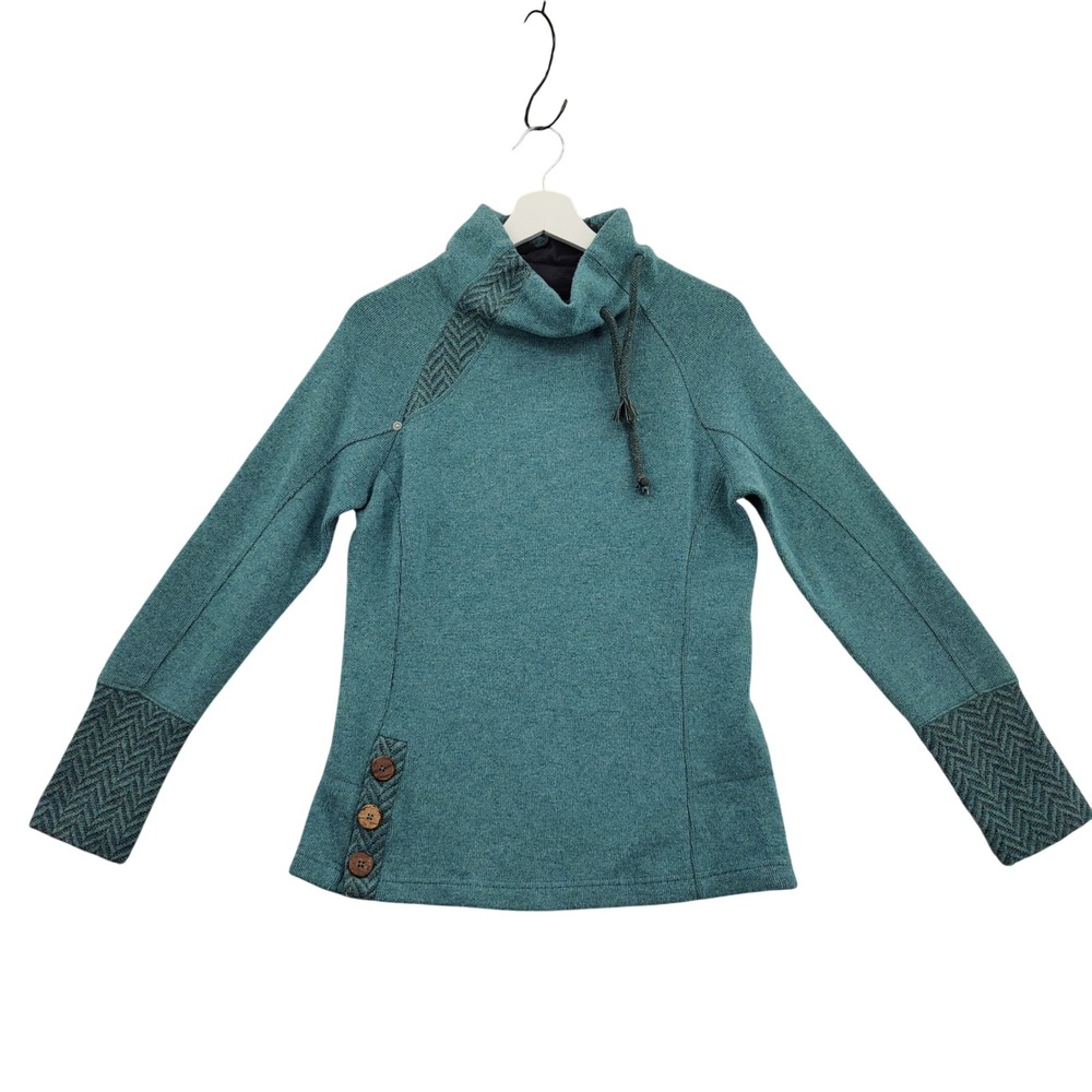 prAna Womens Gorpcore Boho Wool Lucia Sweater S Teal Herringbone Funnel Neck